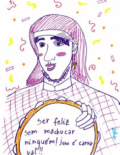 Desenho de uma freira com óculos e roupa colorida, cercada de confetes, criado para a exposição de 2025.